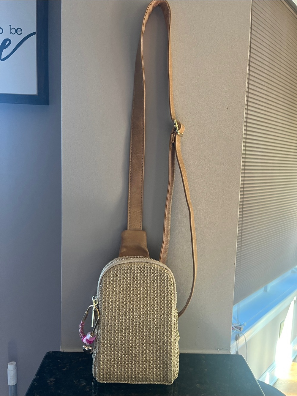 Compact Woven Crossbody Bag in Tan